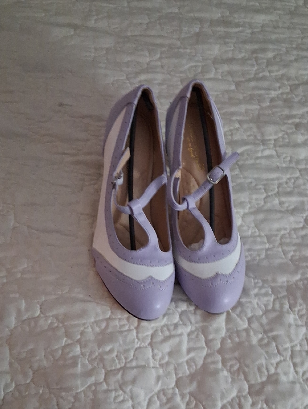 Chase + Chloe Lilac and White T-Strap Retro Wedges